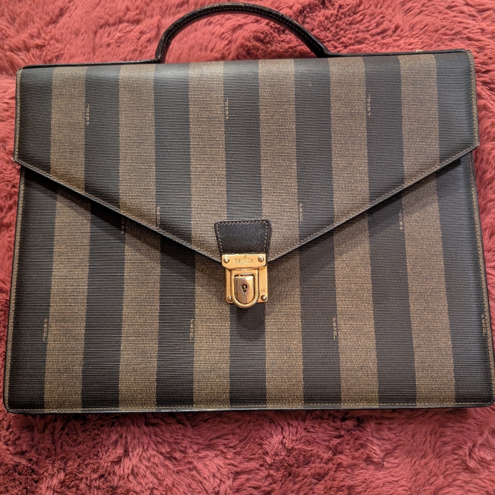 Fendi PEQUIN Black and Brown Striped Leather Briefcase with Gold-Tone Lock